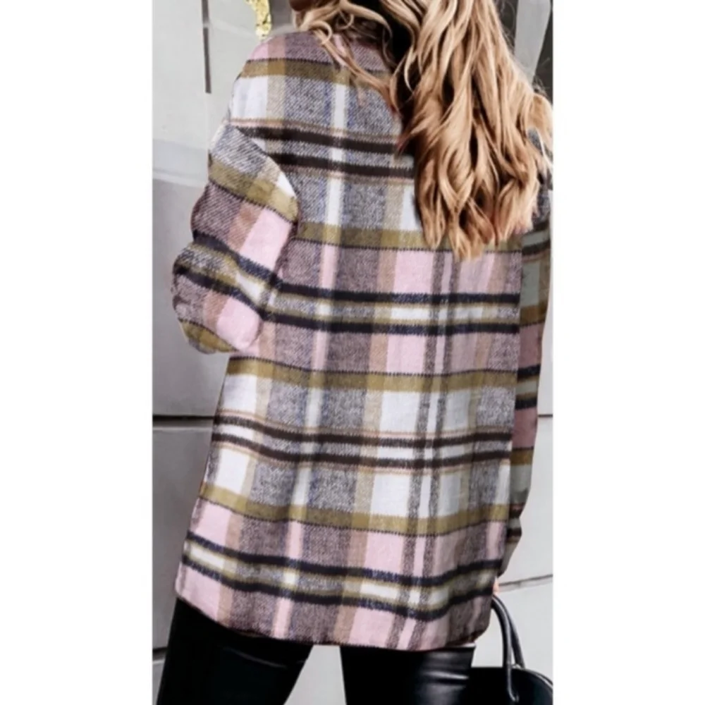 Plaid Button Down Shirt/Jacket (Flannel Pink and Brown Shacket) - Picture 2 of 4